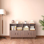 Cubby Shelf Bookcase with Doors - Wooden 8 Cubes Floor Standing Open Bookshelf with Solid Wood Legs, 2-Tier Low Storage Cabinet, Walnut