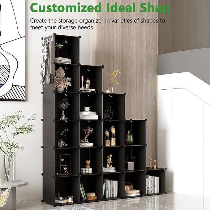 C&AHOME Cube Storage Organizer, 20-Cube Shelves Units, Closet Cabinet, DIY Plastic Modular Book Shelf, Ideal for Bedroom, Living Room, Office, 48.4" L x 12.4" W x 60.6" H Black UPCS20H