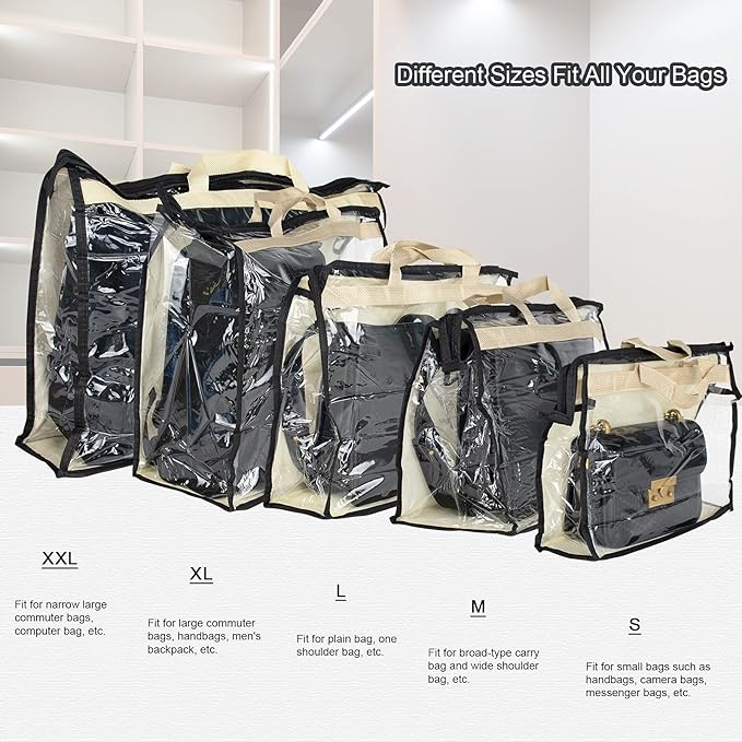 LASZOLA 10Pcs Clear Handbag Storage Organizer Dust Cover Bags, 5 Sizes Transparent Purse Protector Storage Bag with Zipper and Handle for closet shelf, Dustproof and Moistureproof, Black and Beige