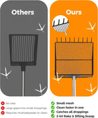 Upgraded Chicken Poop Scooper & Rake 2-in-1,Coop Cleaning Tool Metal Scoop,0.25" fine mesh Sand Sifting Shovel with 35" to 62" Adjustable Stainless Steel Handle for Chicken Coops & Farm Animals Scoop