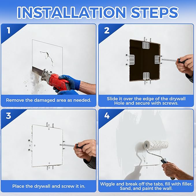 52 Pack Drywall Repair Clip, Drywall Clips Repair with 104 Screws Fits 1/2" and 5/8" Panels, Stainless Steel Drywall Fastener Repair Clips Kit for DIY Damaged Walls Repairing