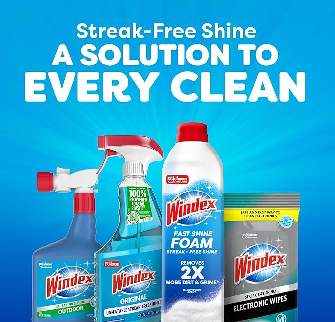Windex Fast Shine Foam Glass Cleaner, No-Drip Aerosol Cleaning Spray, 19 oz, Pack of 2