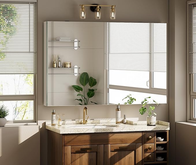 Bathroom Medicine Cabinet Mirror with Storage, 40 Inch x 26 Inch Silver Medicine Cabinet with Double Door & Adjustable Shelves for Vanity, Aluminum Surface, Wall-Mount or Recessed