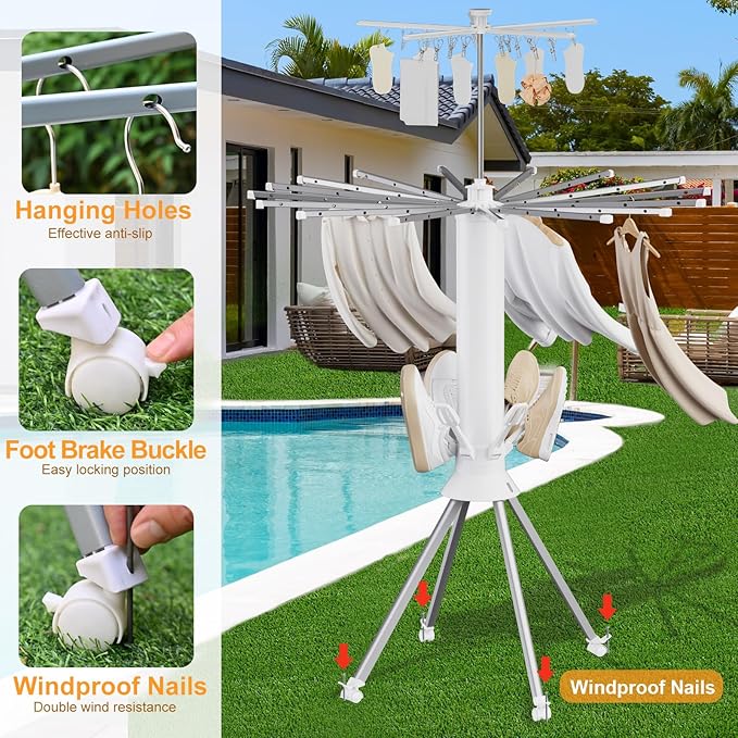 Clothes Drying Rack Foldable, 4-Legged Portable Drying Rack Clothing with 20 Clips, Shoe Dryer Rack, Outdoor Laundry Drying Racks with 4 Pulleys, Aluminum Hanging Dry Rack for Clothes,Socks,Towel