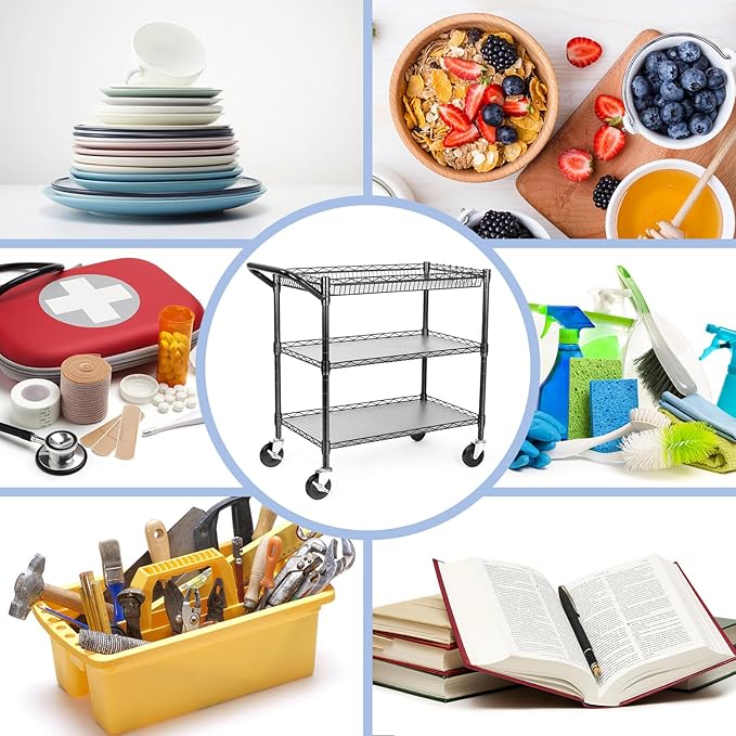 WDT Heavy Duty 3 Tier Utility Cart,Wire Rolling Cart with Wheels, Commercial Grade Service Cart with Shelving Liners and Handle Bar Metal Carts for Kitchen Office Hardware (990LBS Capacity Black)