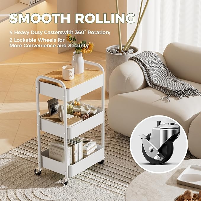 3 Tier Rolling Cart with Table top, Metal Rolling Utility Cart on Wheels, Sturdy Storage Organizer Cart with Hooks for Office, Classroom, Kitchen and Bathroom (White)