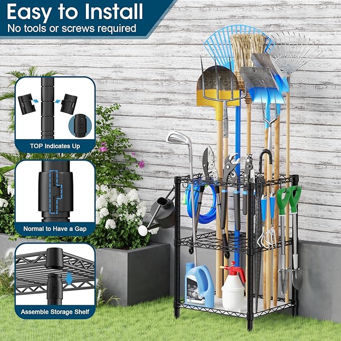 T2 Garden Tool Organizer（With Adjustable Shelf）Heavy Duty Garage Tool Storage for Yard，Shed，Outdoor and Lawn，Freestanding Tool Organizers and Storage UP to 45 Tools，Black with Anti-Tip Device