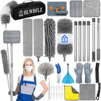 Microfiber Duster Kit 25pcs with 30 to 100 Inches Extension Pole and Baseboard Cleaner Tool, Washable and Bendable Feather Duster for Cleaning Ceiling Fans, High Ceilings, Cobwebs, Blinds,Grey