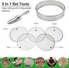 Soil Sieve Stainless Steel Riddle Sieve Set Garden Potting Sieve, 12" Diameter, with 5 Filter Mesh Sizes 3,6,9,10,12mm and Shovel