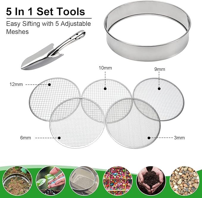 Soil Sieve Stainless Steel Riddle Sieve Set Garden Potting Sieve, 12" Diameter, with 5 Filter Mesh Sizes 3,6,9,10,12mm and Shovel
