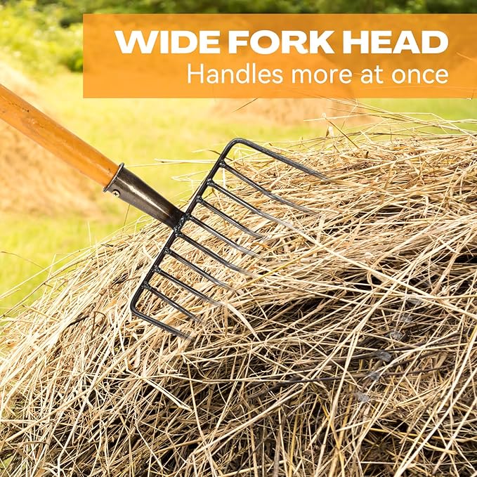 4 Sets Pitch Fork 10 Tines Wide Manure Fork with Long Handle Heavy Duty Muck Rake Broadfork Garden Tool for Gardening Horse Stall Picking up Manure Farm