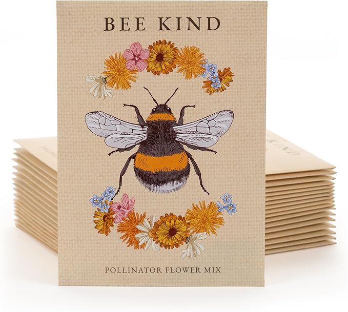 Bentley Seed Co. | Bee Kind Pollinator | Beautiful Bee Art | Environmental Favors Cards for Guests Seed Packets | Pollinator Wildflower Mix Seed Packets | Eco-Friendly Hand Out Gift | 25 Pack