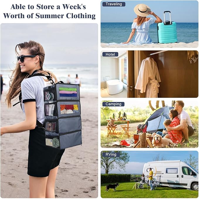 Suitcase Organizer, Carry on Closet Luggage Organizers Accessories for Travel, Foldable and Hangable Portable Hanging Travel Shelves with a Shoulder Strap to Use As a Travel Backpack Small, Gray
