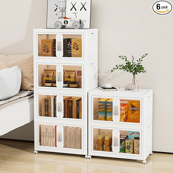 Large Clear Stackable Storage Bins with 2 Lids, 270QT-45QT*6Tier Foldable Cabinet for Closet Organizers, Plastic Storage Box with Wheels White