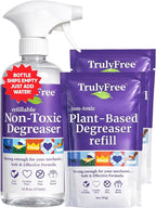Truly Free Heavy Duty Degreaser- Grease Remover & Grime Cleaner for Kitchen, Automotive & More, Household Cleaning Supplies, Fragrance-Free, Includes 16 oz Reusable Empty Bottle & 2 Refills (4 oz)