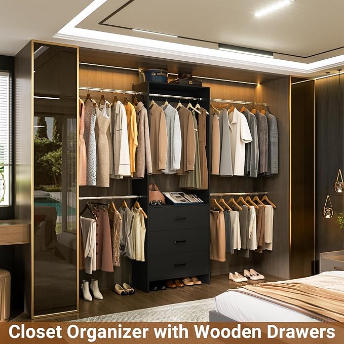 Aheaplus Closet System With 3 Wooden Drawers, Walk-in Wardrobe Organizer, Clothes Rack With 4 Hanging Rods, Garment Rack, -4R, Black