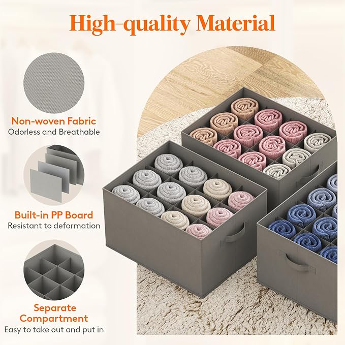 Lifewit Jeans Organizer for Closet, Large Size Pants Storage Bins 12 Cell, Foldable Clothes Drawer Organizer for Sweater, Towel, T-shirts, Dress, Stackable Wardrobe Shelf Dividers Box, 3 Packs