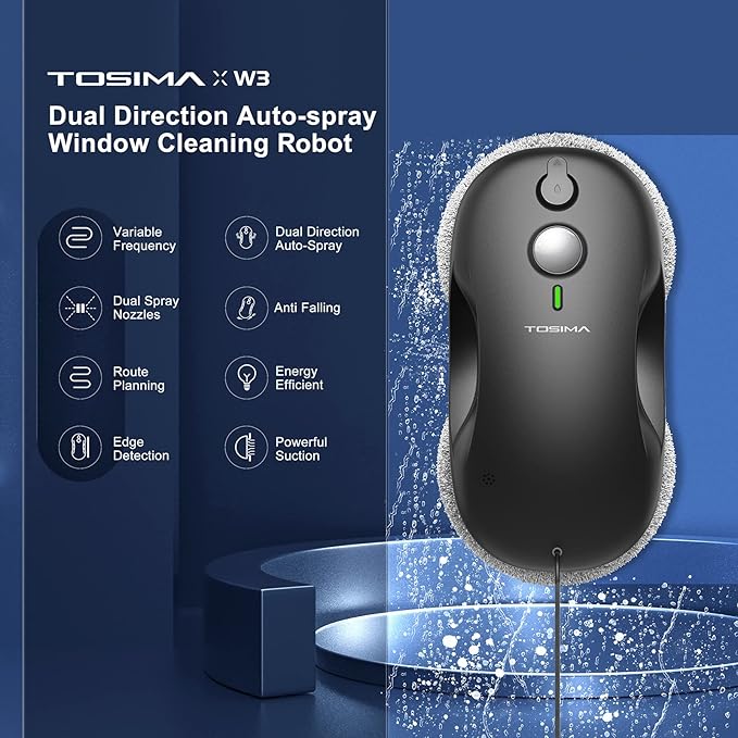 Tosima W3 Window Cleaning Robot - Dual Direction Auto-Spray Smart Window Cleaner with Triple Safety System, Smart Navigation, Remote Control, for All Smooth Surfaces, with 12 Rags, Black