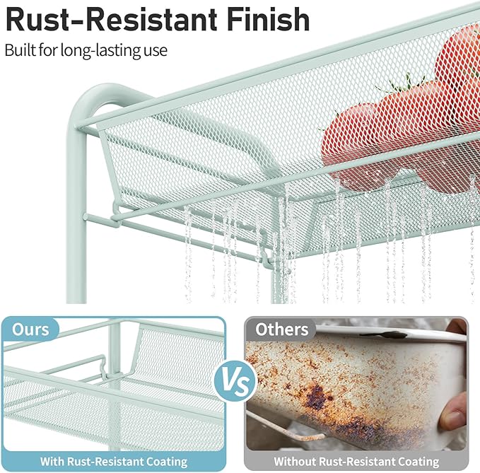 TOOLF 4-Tier Rolling Cart, Metal Utility Cart with 3 Hooks, Easy Assemble Mobile Storage Trolley On Wheels, Metal Shelving Units Kitchen Bathroom Laundry Room