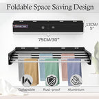 Foldable Wall Mounted Drying Rack, 30'' Wide Aviation Aluminum Laundry Clothes Rack Collapsible with 5 Rods, 100LB Capacity, Pull Out Design Towel Drying Rack for Laundry Wall (Black, 30")