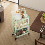 JAQ Foldable Rolling Cart, 3-Tier Metal Folding Storage Utility Carts Basket Rack Organizer with Handle on Wheels for Snacks Books Fruits for Kitchen Living Room Pantry Bathroom - (Green, 3-Layer)