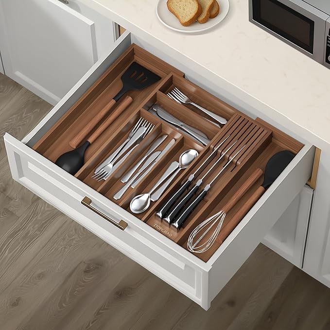 Bamboo-Silverware-Drawer-Organizer-Kitchen, Expandable Utensil Holder Cutlery Tray Flatware Organization Adjustable Wood Tableware Dividers Storage (with Removable Knife Block)(Brown)