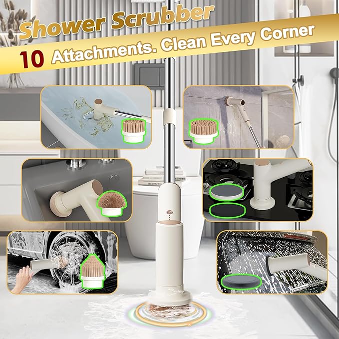 Electric Spin Scrubber, Battery 2.5H with Extra-Long Runtime, 10 Brush Heads, IPX7 Waterproof Power Shower Scrubber with Long Handle, 2 Speeds Cordless Cleaning Brush for Bathroom Bathtub