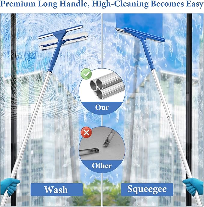 2 in 1 Window Cleaner Kit with Long Handle and Microfiber Scrubber for Glass, Car, Home Floor
