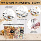 PRAKI Cereal Containers Storage Set (4L,135.2 Oz), 4PCS Airtight Food Storage Containers with Pour Spout for Kitchen & Pantry Organization Cereal Dispensers with 20 labels, Measuring Cup & Marker