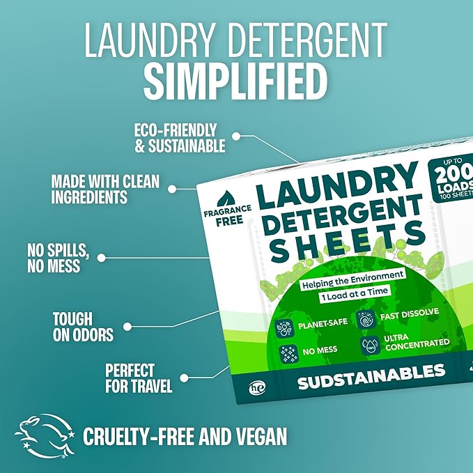 Sudstainables Eco Friendly Laundry Detergent Sheets - (200 Count), Unscented, Zero Waste, Plastic Free, Ultra Cleaning Strength, Sensitive Skin Safe, Saves Space