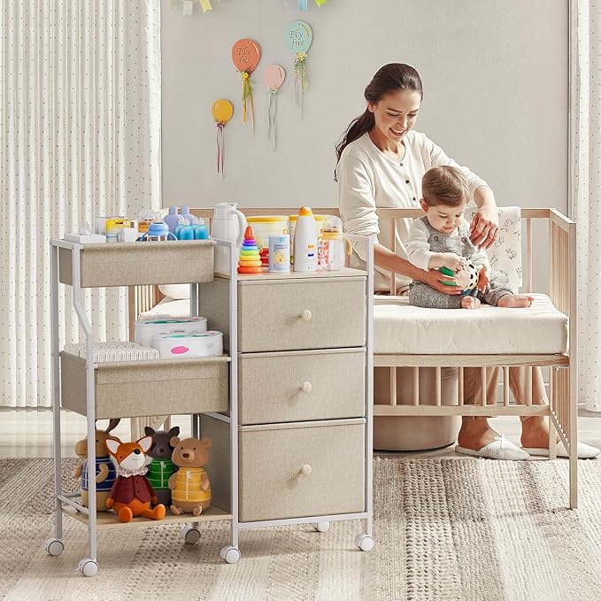 Baby Organizer and Storage - 3 Tier Rolling Cart with Dividers and Drawers, Easy To Assemble, Mobile Utility Cart with Wheels for Nursery, Bedroom, Changing Table & Crib,Off White