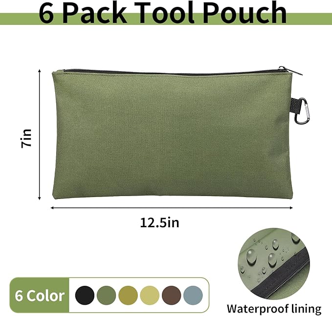 Tool Bag Zipper Pouch, Premium Tool Pouch, Utility Multipurpose Storage Organizer Tool Pouches with Carabiner Metal Zipper for Tools (6 Pack, Tan, Navy Green, Black, Light Brown, Grey, Mocha)