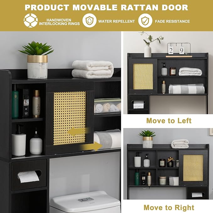 6Tier Over The Toilet Storage Cabinet, Freestanding Above Toilet Space Saver Rack w/Adjustable Shelves, Sliding Door, Multifunctional Over Toilet Organizer for Bathroom (Black)