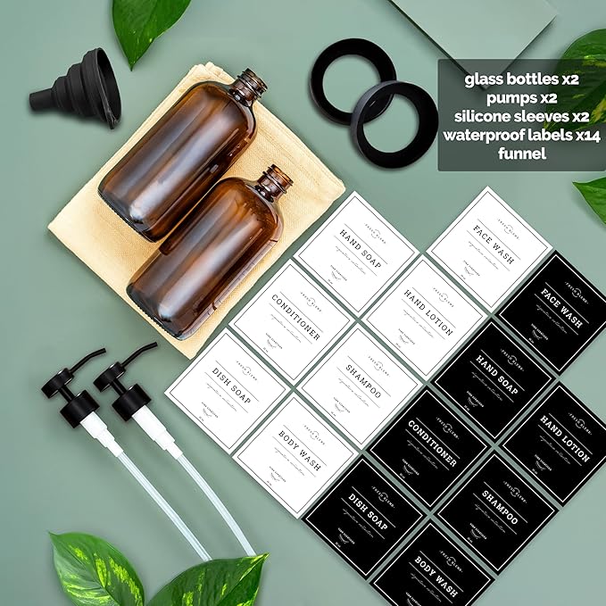 Vine Creations Amber Glass Soap Dispenser Set - Kitchen Soap Dispenser Set with Stainless Steel Pump - 16 oz Dish Soap and Hand Soap Dispensers for Bathroom with Silicone Pad & Waterproof Labels