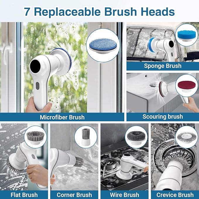Electric Spin Scrubber, Cordless Shower Scrubber Handheld Electric Spin Scrubber for Cleaning with Display IPX7 Waterproof, Electric Cleaning Brush with 7 Replaceable Heads for Kitchen Tub Tile Sink