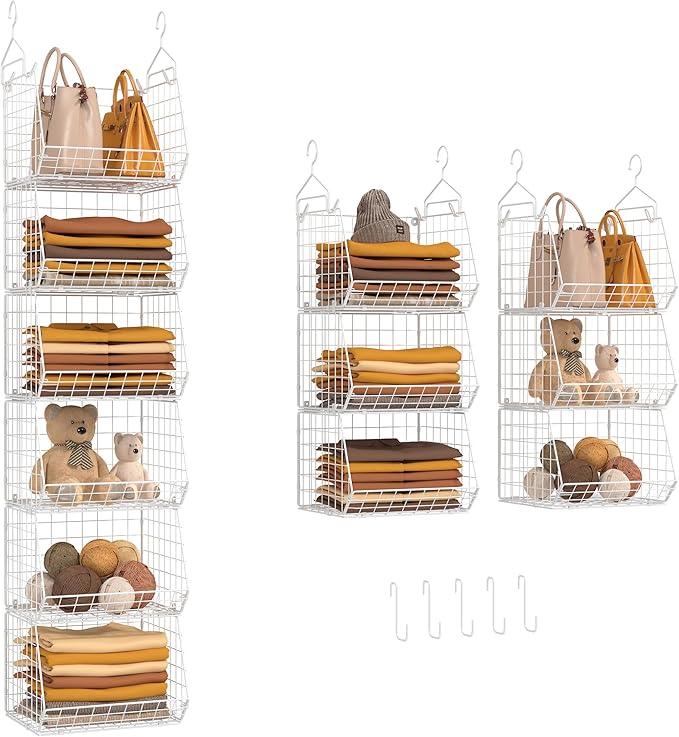 X-cosrack 6 Tier Closet Hanging Organizer, Clothes Hanging Shelves with 4 Hanging Hooks 5 S Hooks, Wire Storage Basket Bins, for Clothing Sweaters Shoes Handbags Clutches Accessories Patent