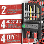 Large Power Tool Organizer Wall Mount with Charging Station, 4 Layer Heavy Duty Metal Cordless Tool Organizer, Tool Storage Rack with 8 Cordless Drill Holder Screwdriver Hammer(Black)