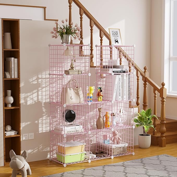 C&AHOME Wire Cube Storage, 12 - Cube Organizer Metal C Grids, Modular Shelves Units, Closet Organizer, Ideal for Home, Office, Living Room, 36.6”L x 12.4”W 48.4”H, Pink UWCS3012P