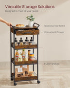 VASAGLE Storage Cart, 4-Tier Rolling Utility Cart with Table Top, Handles, 4 Lockable Casters, Top Drawer, Mesh Shelves, for Kitchen, Bathroom, Bedroom, Rustic Brown and Ink Black ULRC049K01
