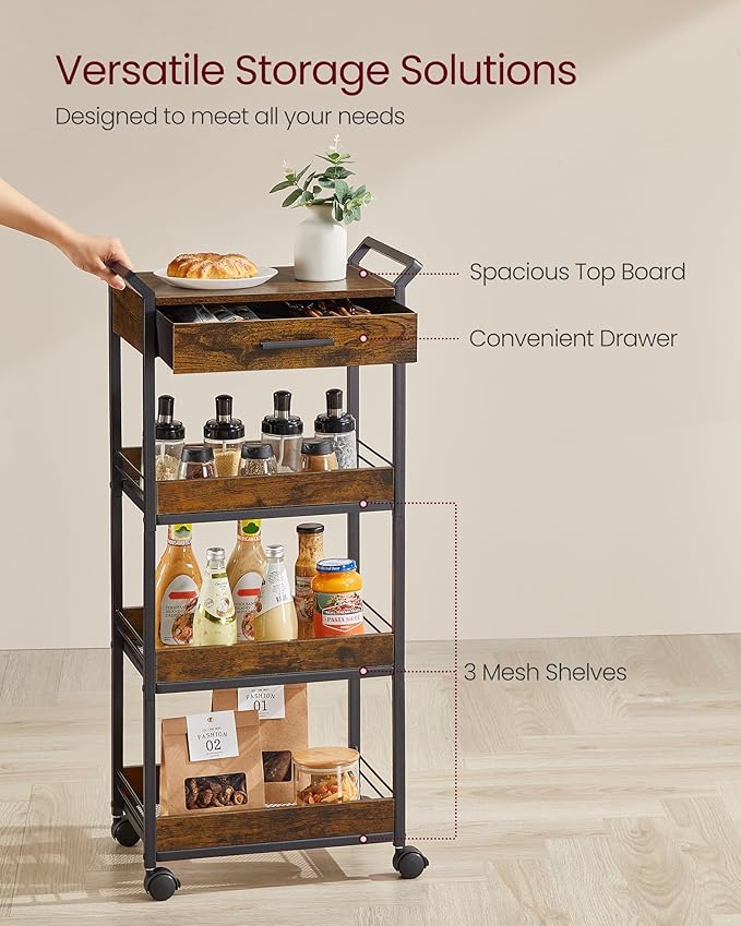 VASAGLE Storage Cart, 4-Tier Rolling Utility Cart with Table Top, Handles, 4 Lockable Casters, Top Drawer, Mesh Shelves, for Kitchen, Bathroom, Bedroom, Rustic Brown and Ink Black ULRC049K01