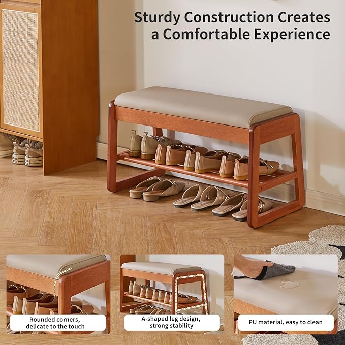 Wood Shoe Bench with Flip-Top Storage,2-Tier Entryway Shoe Bench,31.5in Shoe Rack with Cushion for Living Room,Cherry Wood Color YD-WD061C
