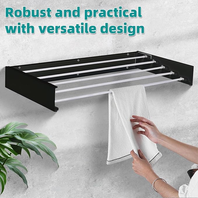 Laundry Drying Rack Collapsible, Wall Mounted Clothes Drying Rack. 39.37" Wide, 19.3 Linear Ft, 5 Aluminum Rods, with Wall Template, Screwdriver Bit (Black 40')