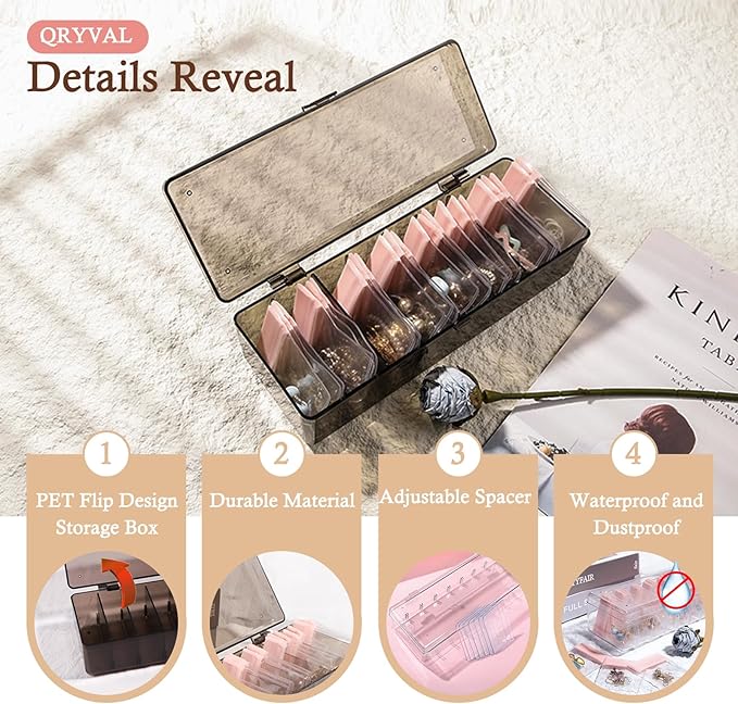 Jewelry Organizer and Storage Box with 24 EVA Anti Tarnish Bags, Travel Acrylic Case for Earrings, Necklaces & Rings, Elegant Gift for Women & Girls (S&Organizer(Brown))