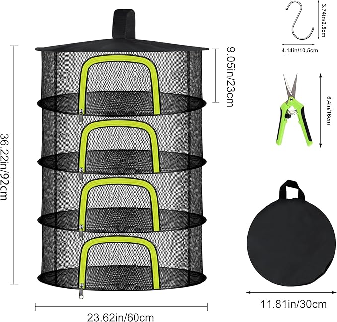 4 Layer Herb Drying Rack, Hanging Mesh Net, Foldable Plant Drying Rack With U-Shaped Zipper, Garden Trimming Shears and Hooks, For Drying Herbs Plants, Fruits, Seafood, Clothing(4 Layers-23.62'')