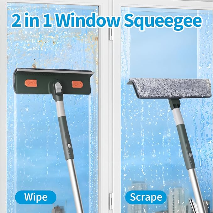 Window Cleaner for Home 68" Long Squeegee for Window Cleaning 2-in-1 Window Cleaning Squeegee Kit with Bendable Head Indoor Outdoor Window Washing Tool for Car Sliding Shower Glass Door