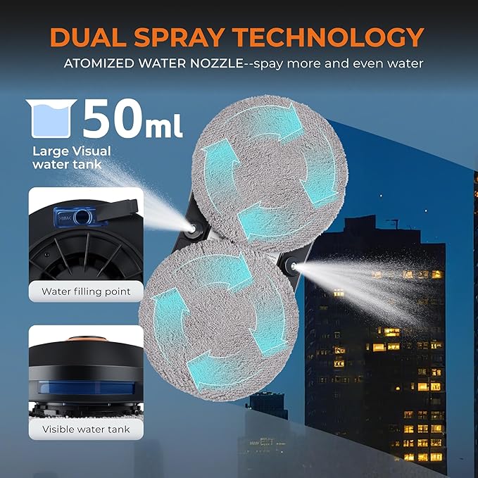 FRUITEAM Window Cleaning Robot with Dual Water Spray, APP and Remote Control, Automatic Window Cleaner with Leather Belt for Frame Glass, Triple Safety System, Smart Path Detection