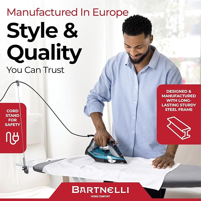 Bartnelli Extra Wide Pro Ironing Board 19x48 Ironing Surface with Iron Rest, Cord Holder, Shelf and 4 Layer Heat Resistant Cover and Pad