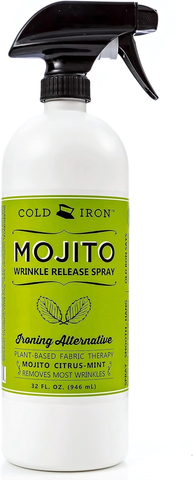 Cold Iron Wrinkle Release Spray for Clothes. 32 fl oz. Mojito Citrus Mint. Plant Based Ironing Alternative. Fast, Easy to Use. Spray, Smooth, Hang. Award Winning Formula Saves you Time