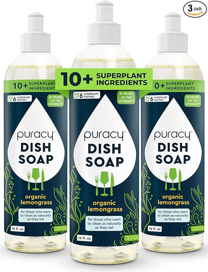 Puracy Natural Dish Soap Packs - Skin-Softening Plant-Based Dishwashing Soap, Non-Toxic Dish Soap, Organic Liquid Dishwashing Detergent Soap (Organic Lemongrass, 16 fl oz, 3 Pack)