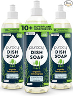 Puracy Natural Dish Soap Packs - Skin-Softening Plant-Based Dishwashing Soap, Non-Toxic Dish Soap, Organic Liquid Dishwashing Detergent Soap (Organic Lemongrass, 16 fl oz, 3 Pack)
